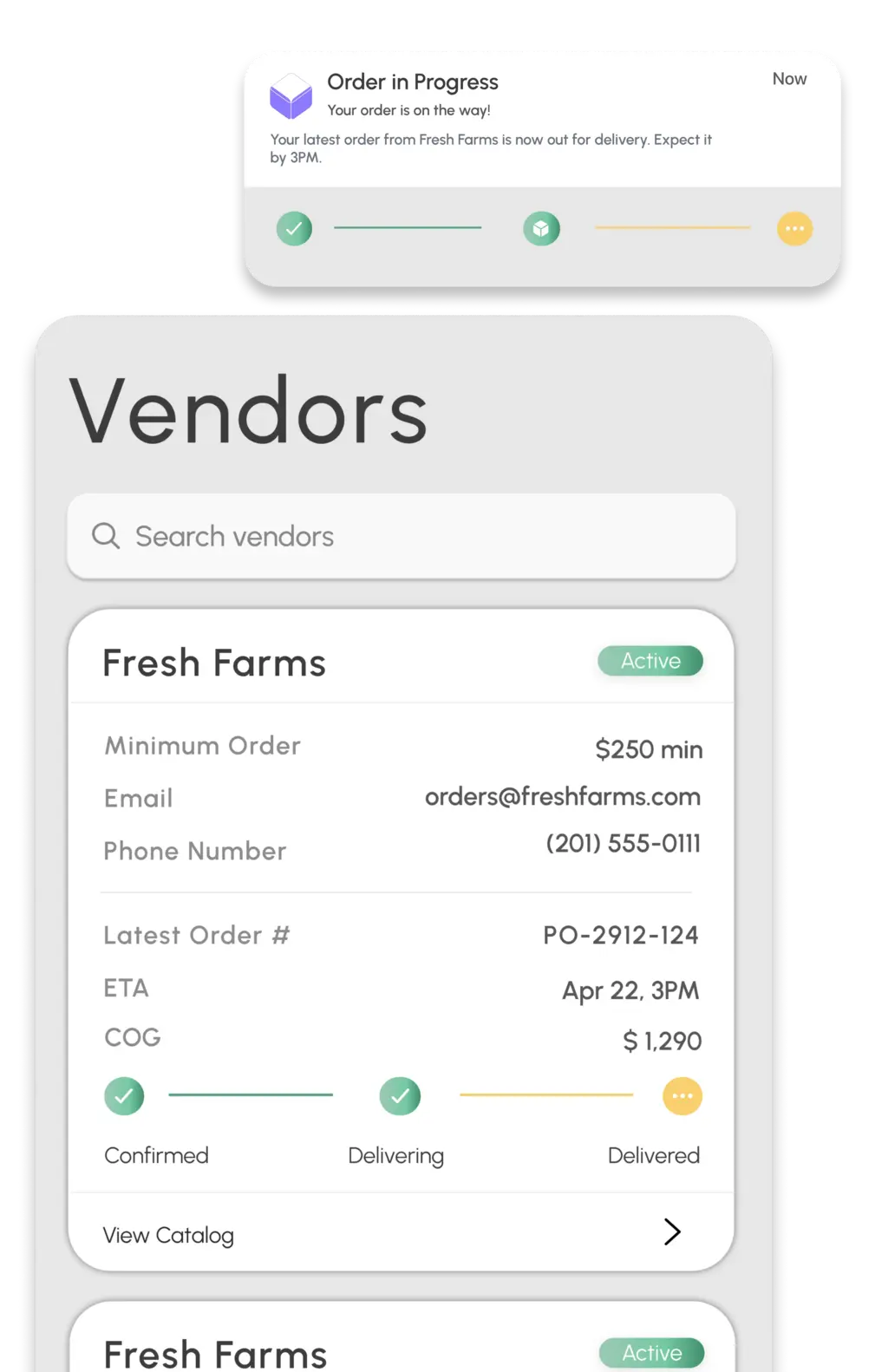 Vendor directory and order status screen